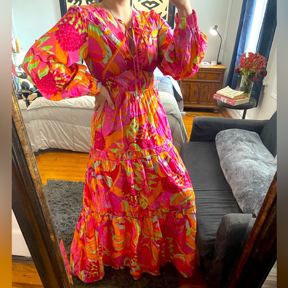 FARM Rio Pink Orange Floral Tiered Maxi Dress